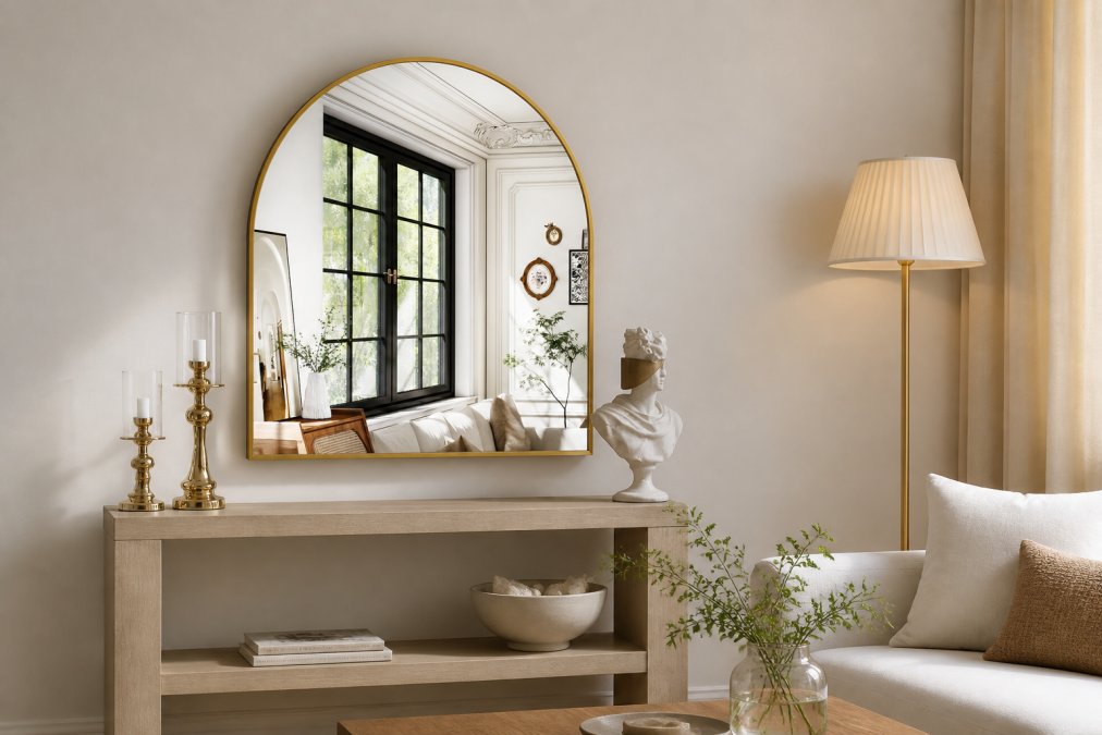 Modern living room with an arched gold mirror positioned above a light wood console table, reflecting natural window light and brightening the neutral-toned space with contemporary furniture and layered lighting