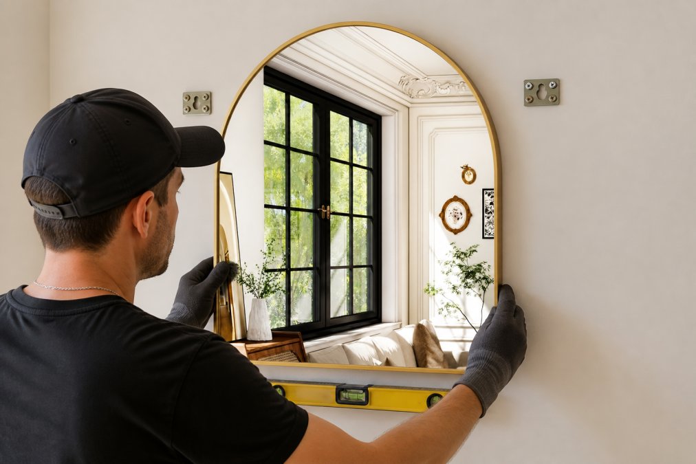 Hands installing a wall mirror with mounting hardware and level tool on a bedroom wall, showing proper installation technique and secure mounting setup