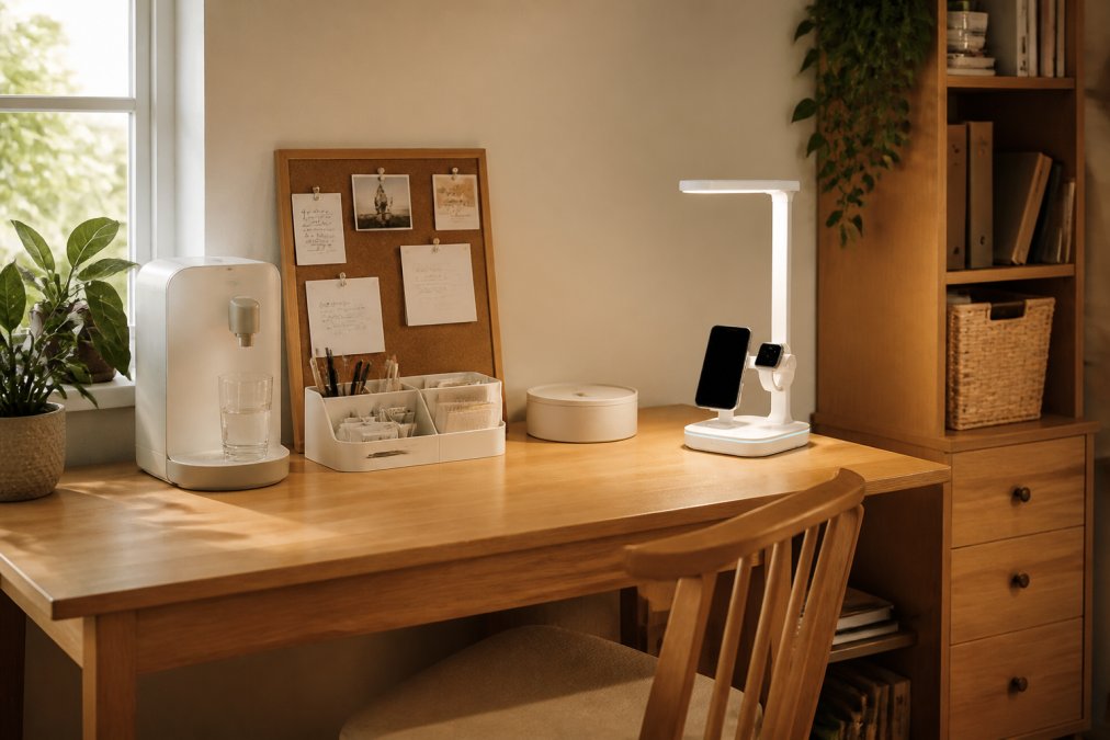 A tidy home desk in a small room with a glowing note board, a compact water dispenser and a charging lamp on the surface, natural daylight from a window