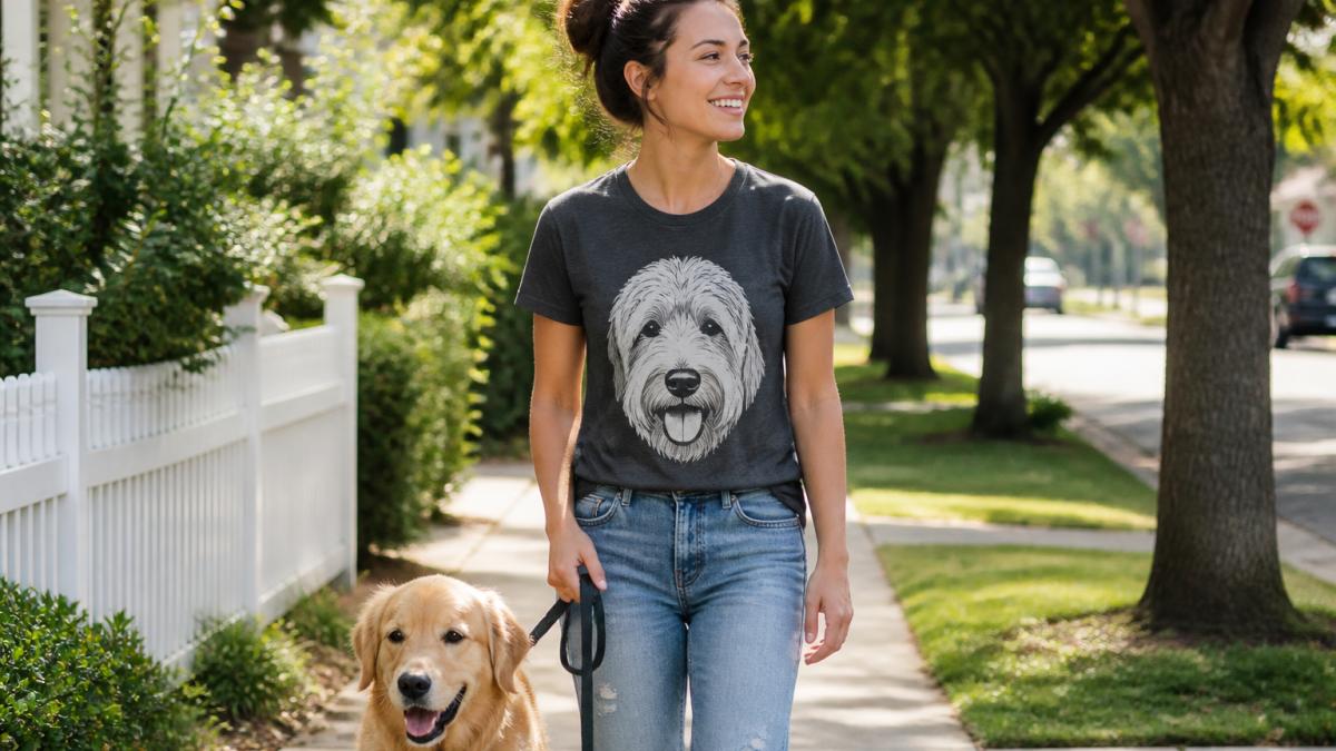 A smiling woman in her late twenties wearing a funny dog graphic tee, walking a golden retriever on a sunny suburban sidewalk, casual everyday scene