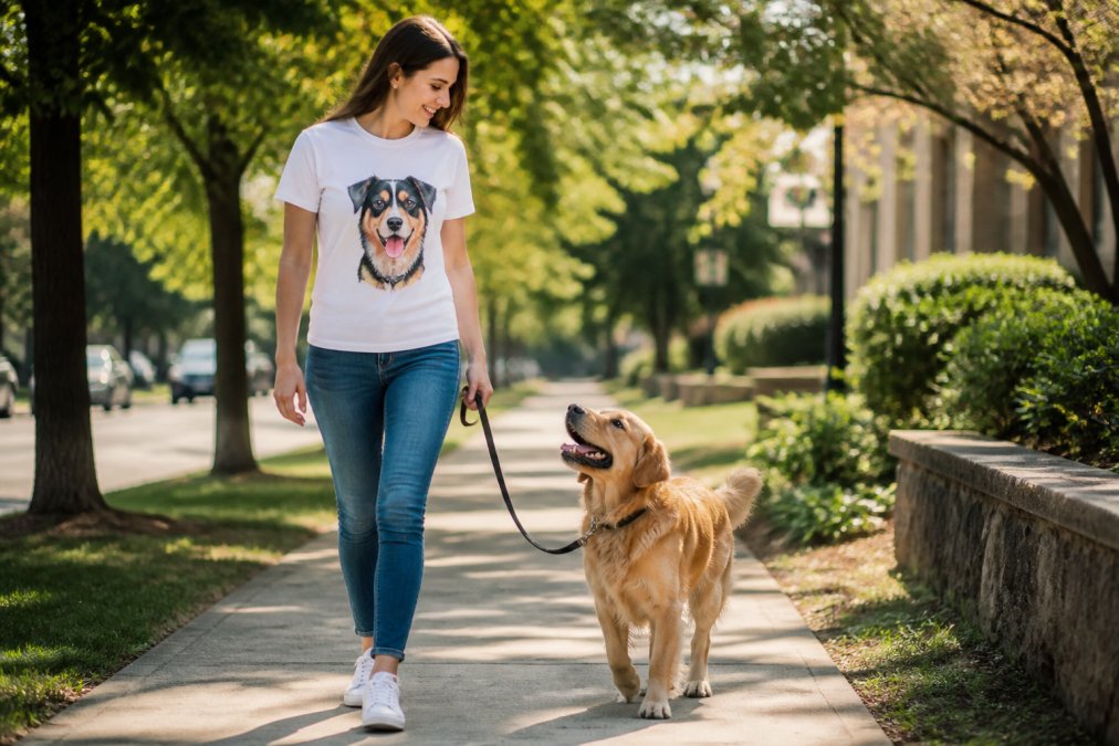 Woman wearing a dog print t-shirt styled casually with fitted jeans and white sneakers, walking outdoors with a leashed dog on a sunny day