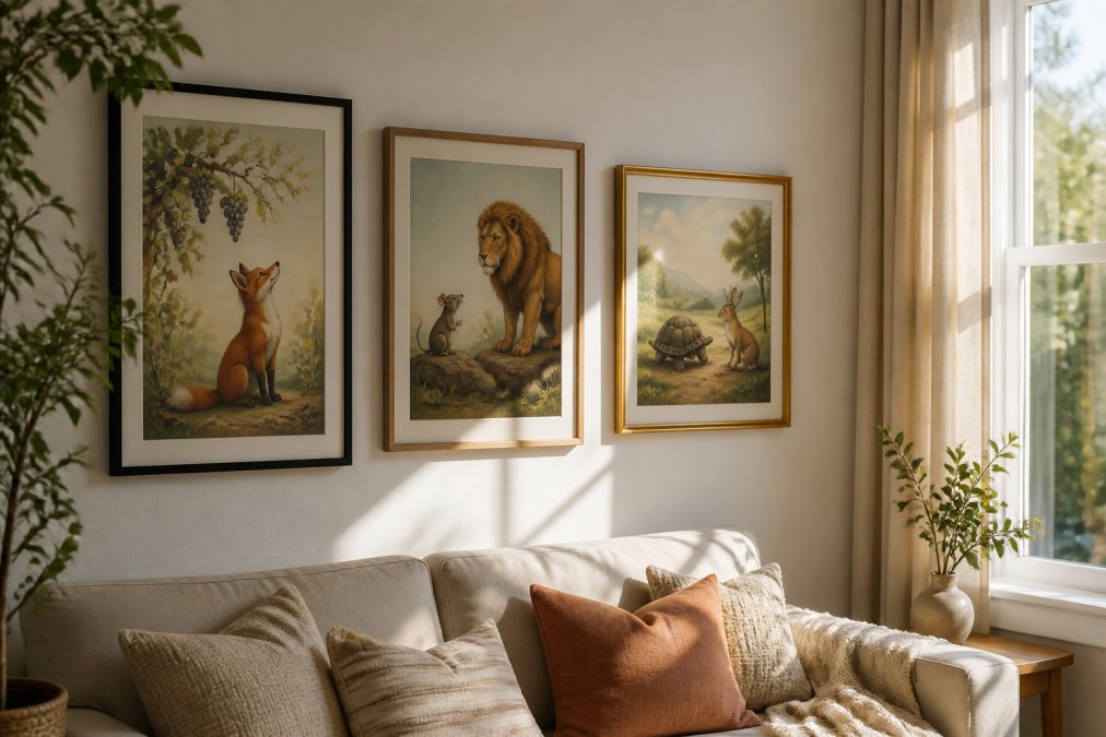 Gallery wall featuring three different fable-inspired art prints in varying frame styles, displayed in a bright living room with natural sunlight streaming through a window