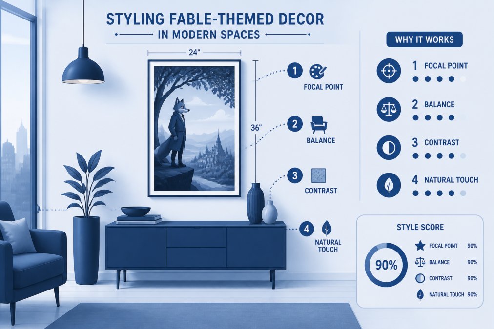 Contemporary apartment interior with a single fable art print as a statement piece above a minimalist console table, showing how character-driven art complements modern furnishings and neutral wall tones