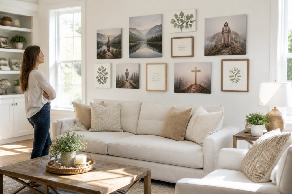 Bright, modern living room with white walls and light wood flooring, featuring a carefully arranged gallery wall of faith-inspired canvas prints and scripture art above a neutral sofa, with warm natural light streaming through windows and a woman standing nearby admiring the display