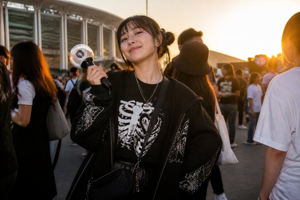 Young K-Pop fan wearing bold oversized graphic hoodie and matching concert tee with light stick in hand, standing in crowd at outdoor concert venue during golden hour, confident pose