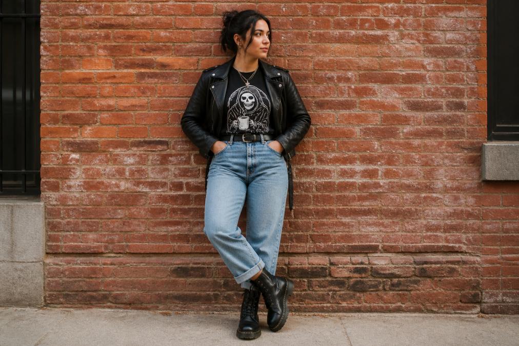 Person styling sarcastic fandom graphic tee tucked into high-waisted vintage denim with black leather jacket and lace-up combat boots, standing against brick wall with natural afternoon light, full-length outfit shot