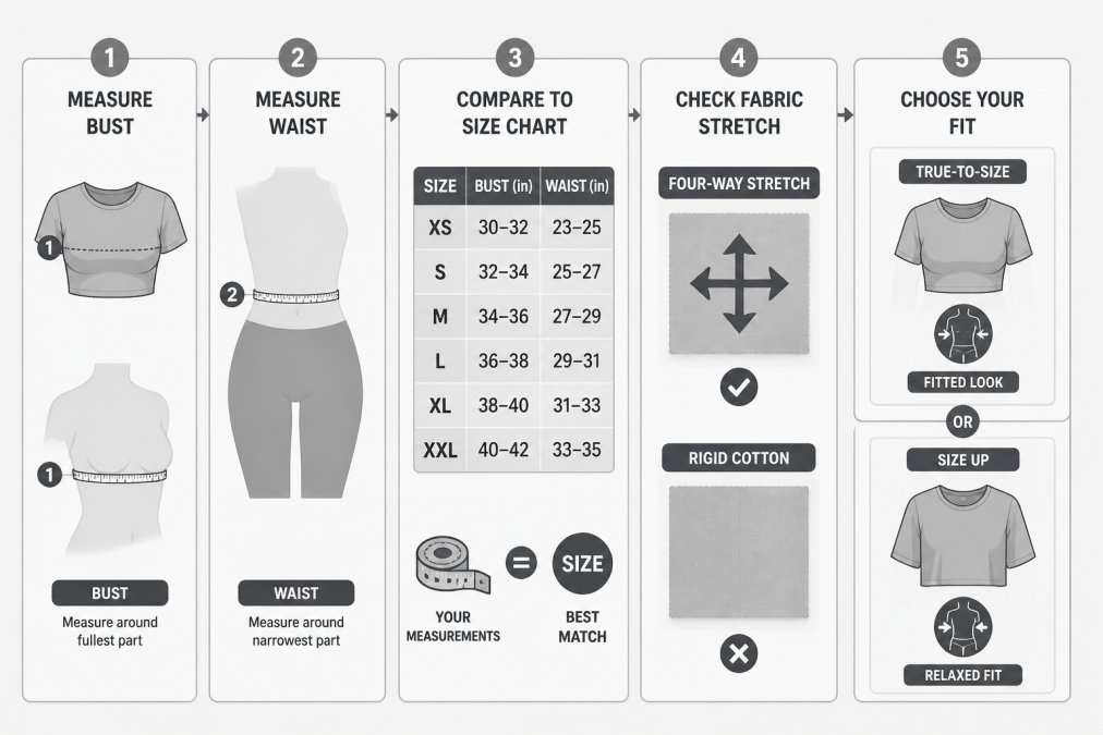 Flowchart outlining the steps to measure and select the best crop top size based on fabric stretch and fit.