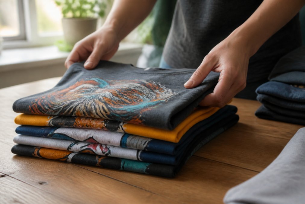 Close-up of hands folding a stack of colorful graphic t-shirts on a clean wooden table, showing the fabric texture and vibrant prints in soft natural window light