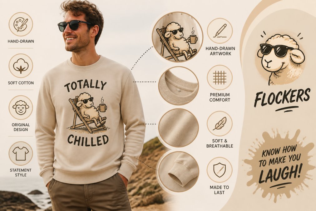 Person wearing a hand-drawn graphic sweater outdoors in natural daylight, showing design detail and relaxed confident pose with casual styling