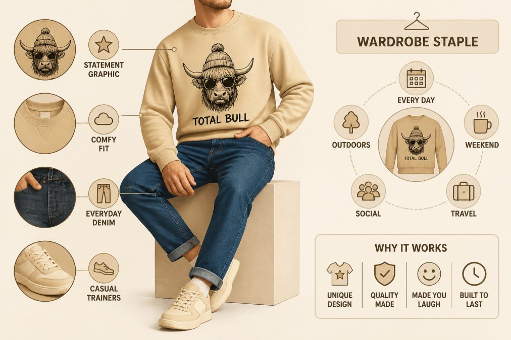 Close-up of someone styling a hand-drawn graphic sweater with casual jeans and trainers, showing how the piece functions as a wardrobe staple