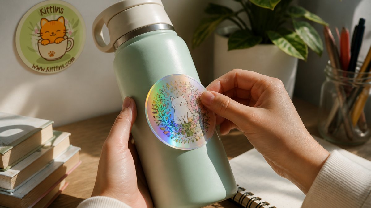 Close-up of hands applying a colorful holographic vinyl sticker to a water bottle, showing the iridescent shimmer and hand-drawn detail of the artwork in natural light
