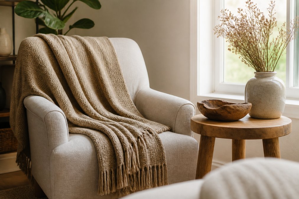 A bright living room corner styled with a hand-woven throw blanket draped over a linen armchair, a hand-carved wooden bowl on a side table, and a ceramic vase holding dried branches, natural light from a nearby window