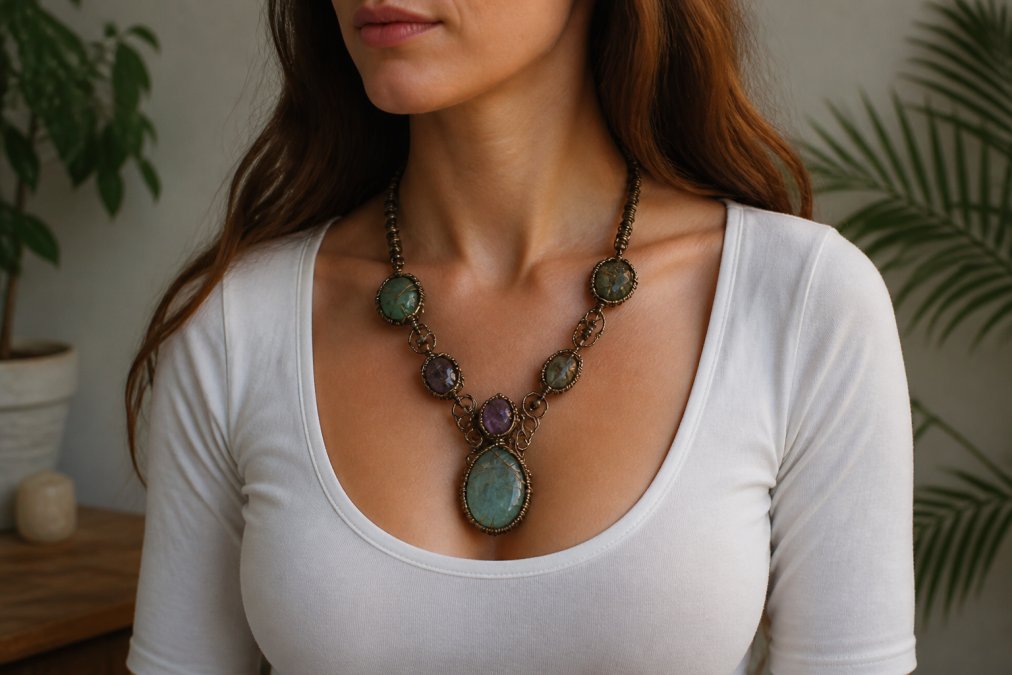 A young woman wearing a bold wire-wrapped gemstone statement necklace over a simple scoop-neck top, photographed in warm natural light against a neutral background