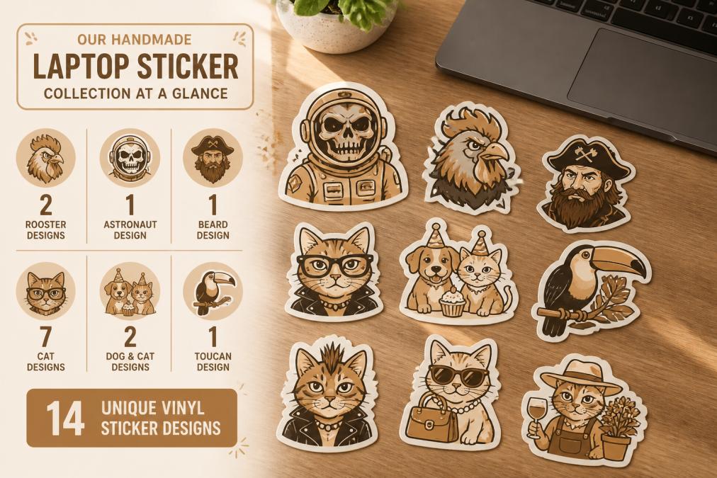 Close-up flat lay of several colorful vinyl stickers spread across a warm wooden desk, showing bold illustrated characters including a skull-faced astronaut and a blue rooster mascot, with the corner of a dark laptop visible in the background under soft natural window light