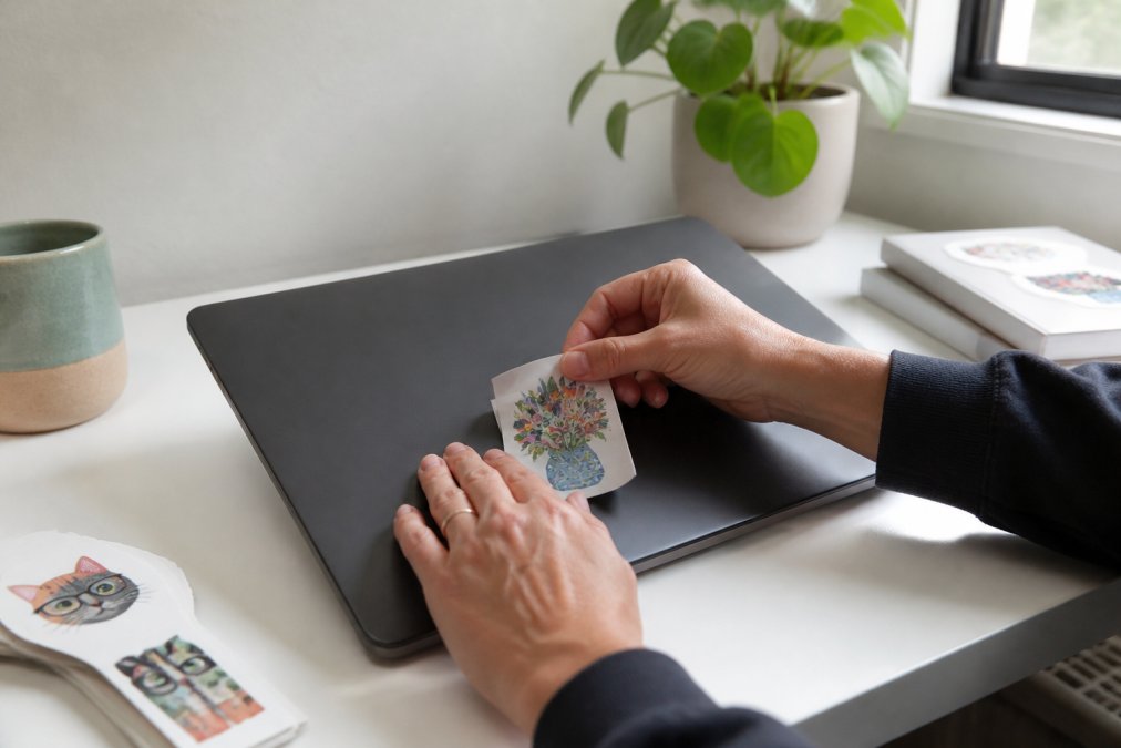 A pair of hands carefully peeling the backing off a die-cut vinyl sticker and pressing it onto the lid of a dark laptop on a clean white desk, with soft natural light coming from a nearby window