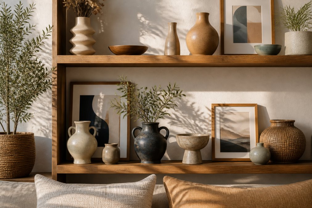 A styled living room shelf displaying an eclectic mix of handcrafted vases, framed art prints, and ceramic decorative objects arranged in warm, natural afternoon light against a white plaster wall