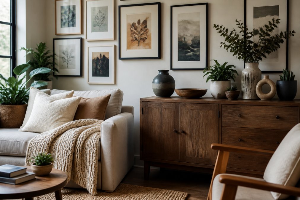 A cozy, well-lit living room featuring a gallery wall of framed art prints in mixed frame styles, a chunky textured throw blanket draped over a linen sofa, and a grouping of ceramic planters and sculptural decorative objects arranged on a wooden sideboard