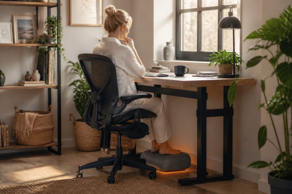 A bright, modern home office corner with a sleek wooden desk, an ergonomic chair, and a heated foot cushion glowing softly under the desk, warm afternoon light through the window