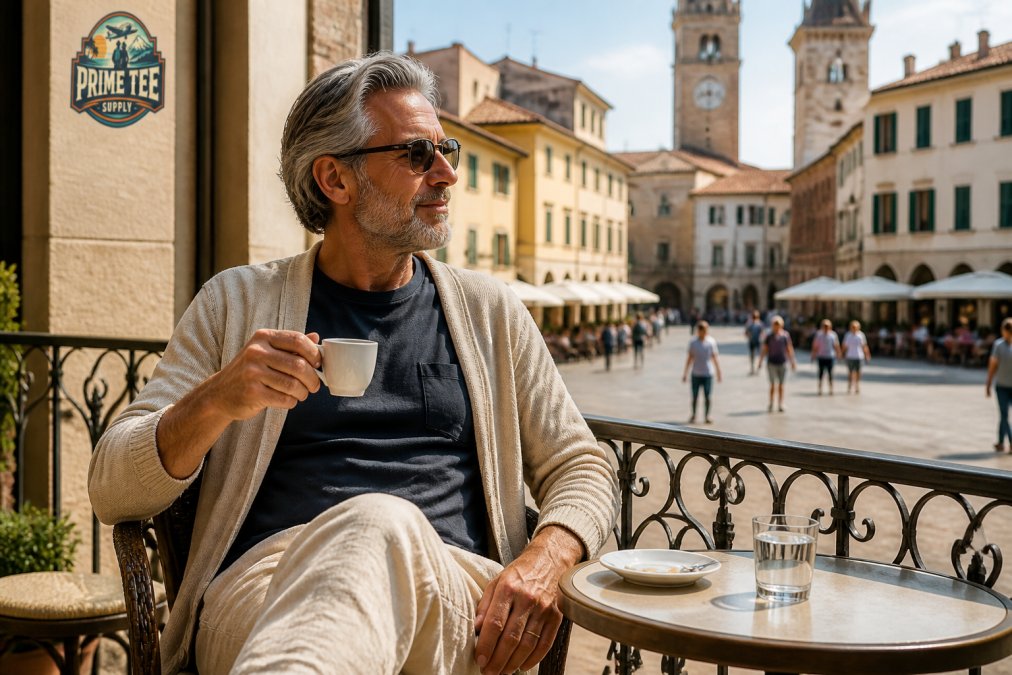Mature traveler wearing a graphic tee styled with linen pants and a light cardigan, seated at a café overlooking a European town square with warm afternoon light