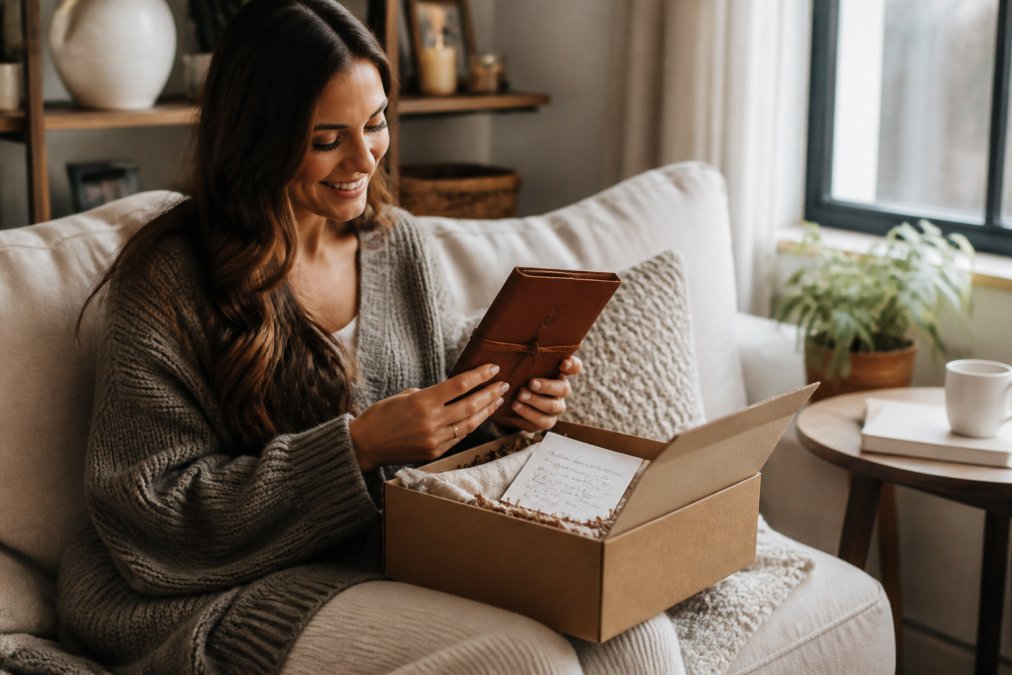 Woman opening a personalized journal and note in a sunlit room, perfect among lifestyle gifts.