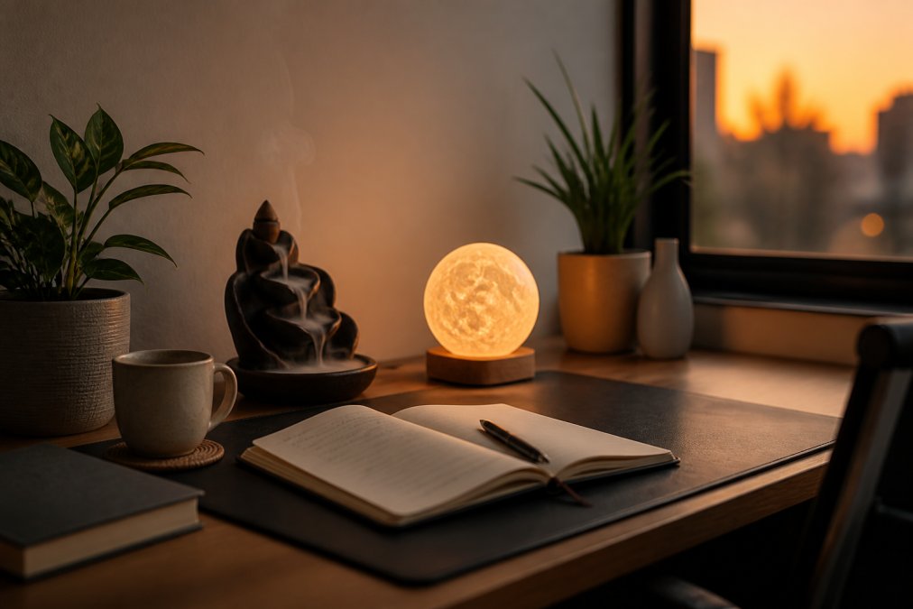 Cozy home office with a 3D lamp and incense burner, perfect for unique lifestyle gifts at the end of a busy day.