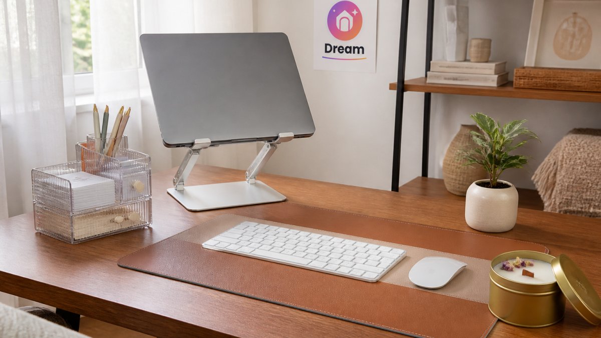 A bright home office desk styled with a small plastic drawer organizer holding pens and business cards, a two-tone PU leather desk mat under a keyboard, a foldable aluminum laptop stand, and a dried flower soy wax candle in a retro tin on the corner of the desk