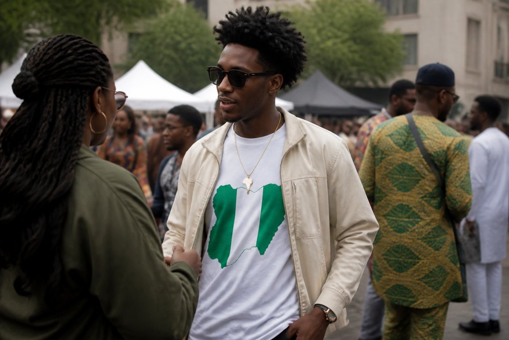 Young adult styling Naija pride clothing with a layered jacket at an outdoor cultural street event