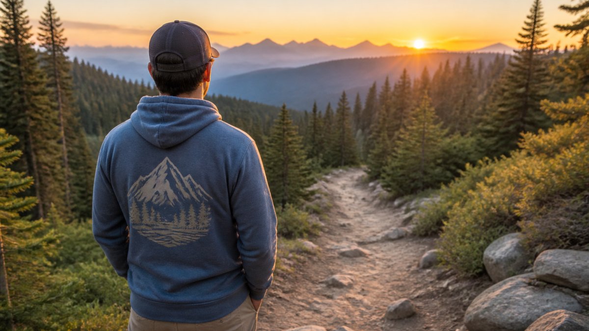 A person wearing a midweight hoodie with a mountain graphic on the back, standing at a trailhead at sunrise, looking out over a pine-lined path