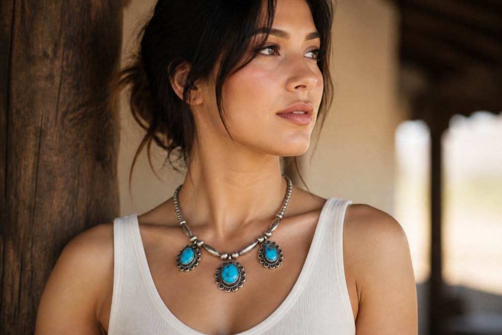 Woman wearing a chunky Navajo statement necklace with contemporary minimalist clothing in neutral tones, styled for a modern aesthetic with natural lighting