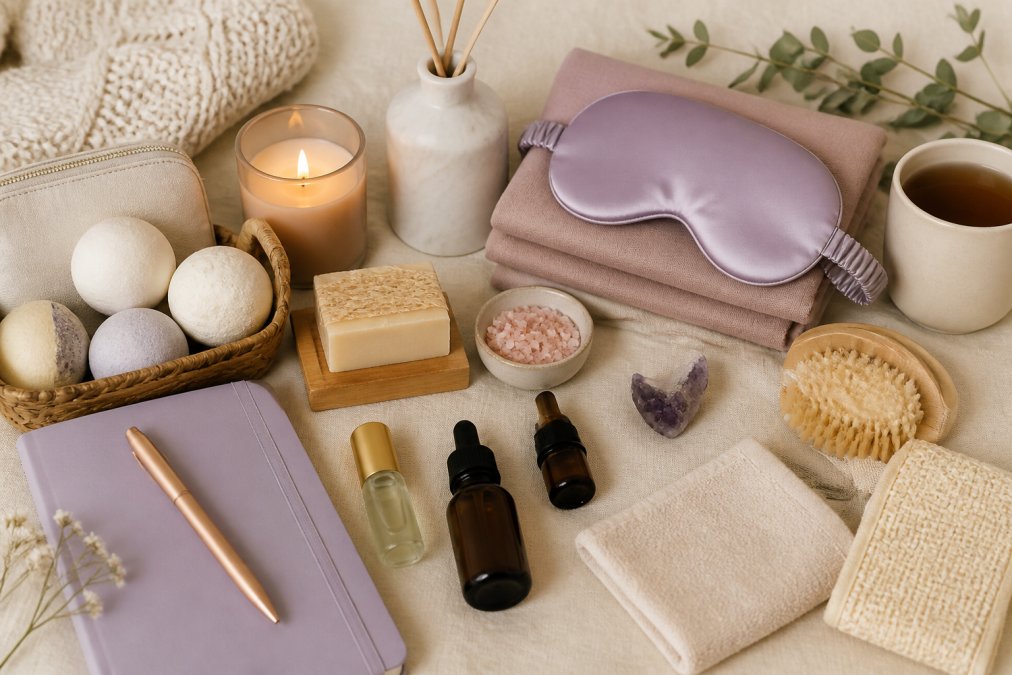 Flat lay arrangement of various self-care items including bath products, essential oils, journals, silk sleep mask, and wellness accessories artfully arranged on a soft neutral background with warm natural lighting
