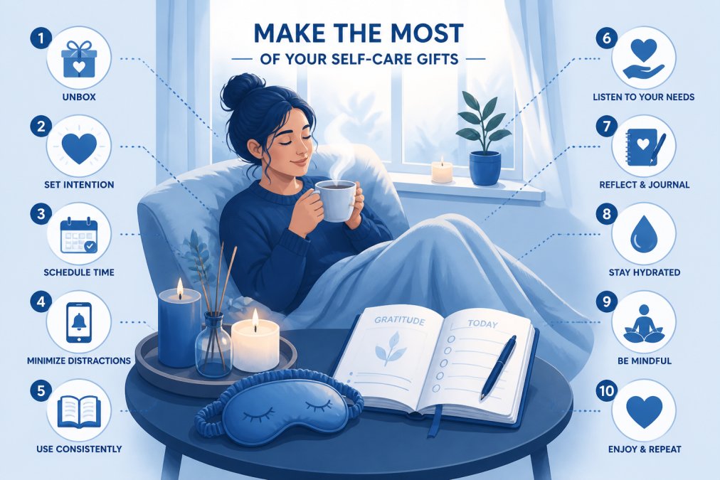 Woman relaxing at home surrounded by self-care items including lit candles, an open journal, a cup of tea, and a silk sleep mask on a side table, with soft warm lighting from a window