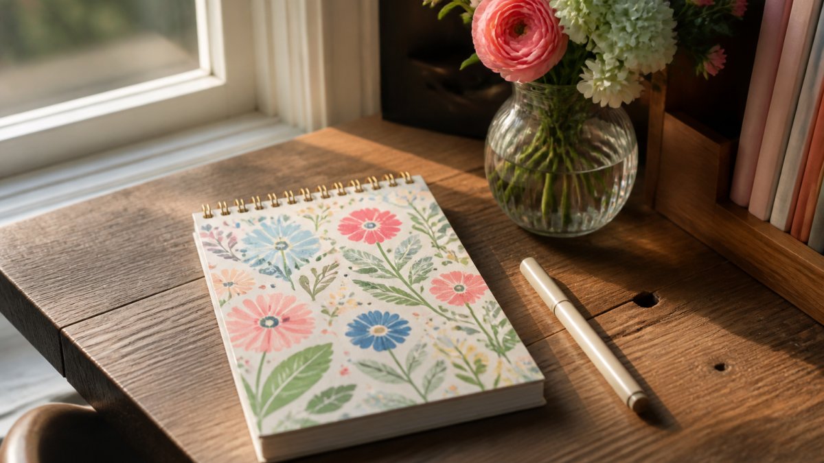 A close-up of a wooden desk with a colorful notepad, a fine line marker, and a small vase of flowers, natural light coming through a window