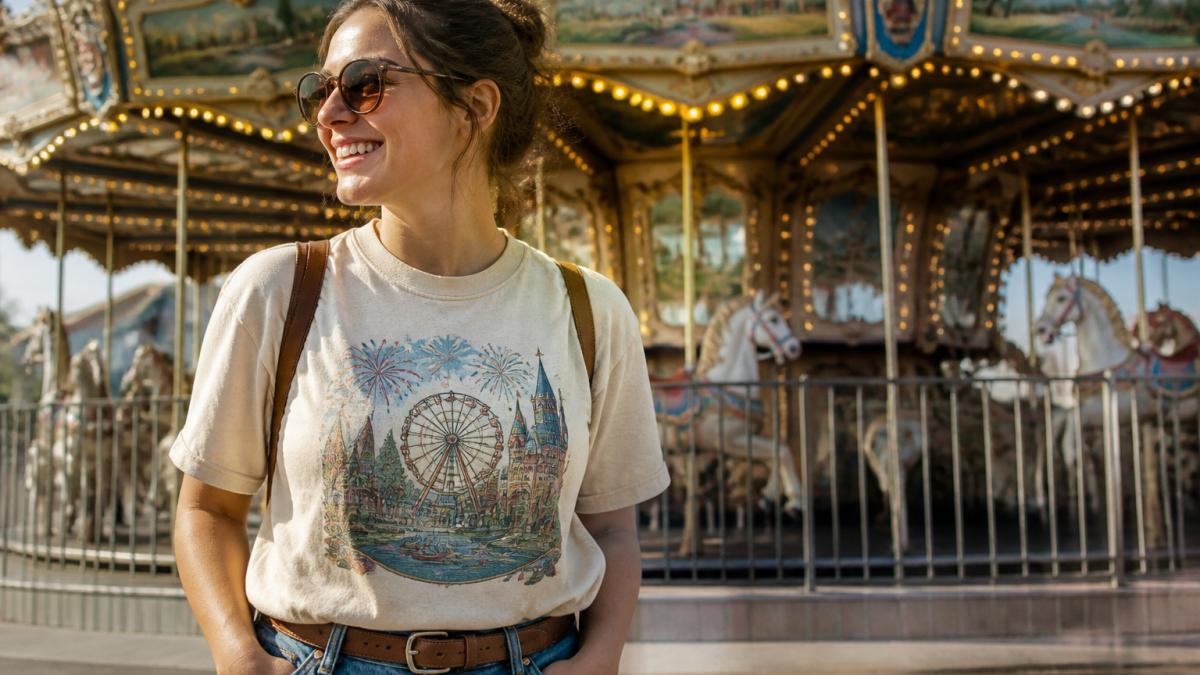 Person wearing a vintage-style graphic tee standing by a carousel in the warm afternoon light