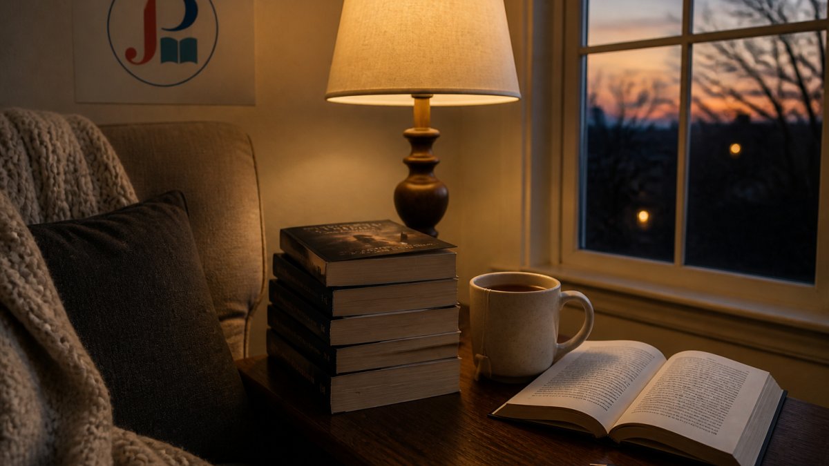 A cozy reading nook with a stack of paperback thrillers on a side table, a warm lamp glowing, and a mug of tea beside an open book, evening light through a window