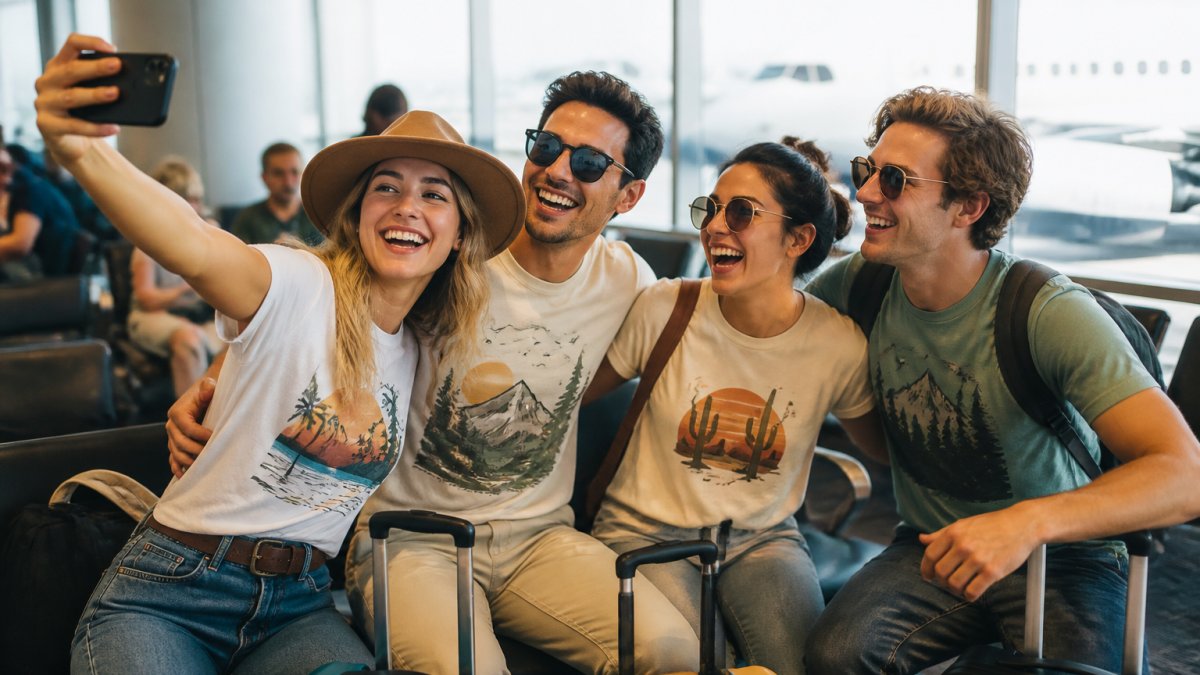 A group of friends wearing colorful travel-themed graphic tees at an airport gate, luggage nearby, laughing and taking a photo together before boarding