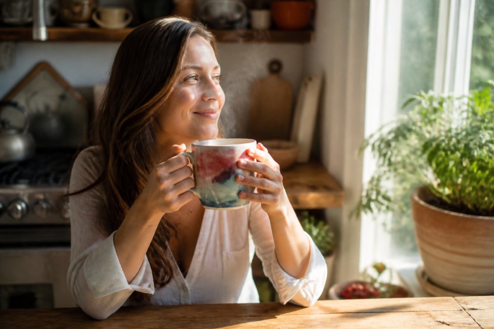 Woman holding a ceramic mug with watercolor artwork and inspirational text, steam rising from hot beverage, natural morning light streaming through a kitchen window