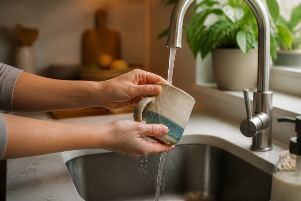 Hands gently washing a handmade ceramic mug under warm water at a kitchen sink, soft focus background showing a cozy kitchen space