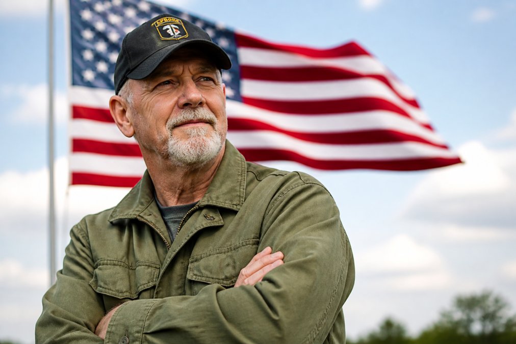 A veteran wearing an embroidered Army unit cap with a proud expression, standing outdoors against an American flag backdrop in natural daylight