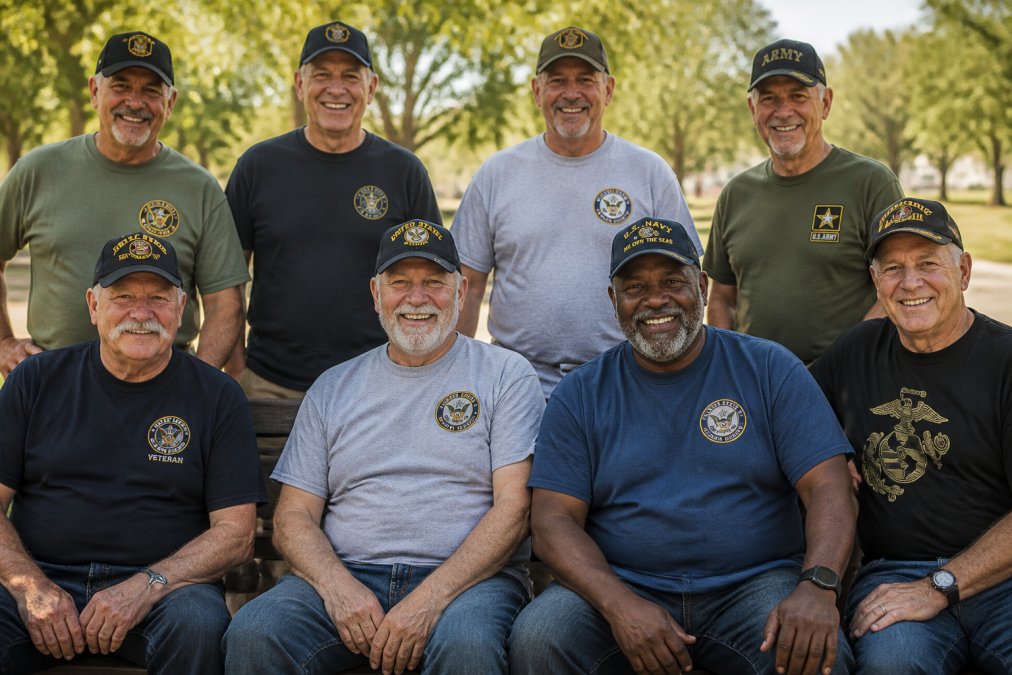A group of veterans in casual military-themed apparel including unit t-shirts and embroidered caps gathered together outdoors, smiling and showing unit pride in warm afternoon sunlight