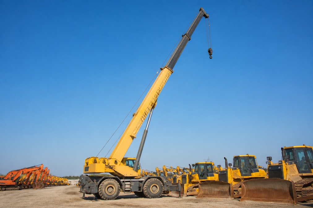 A large yellow mobile crane staged at a wide outdoor construction equipment yard, its full boom extended upward against a clear blue sky, surrounded by rows of dozers and excavators in daylight