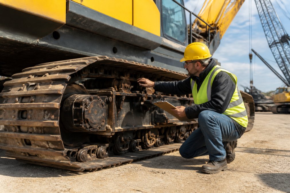 A heavy equipment inspector in a yellow hard hat and high-visibility safety vest crouching to examine the undercarriage and track links of a large crawler crane at an outdoor equipment lot, with a clipboard in hand and afternoon sunlight casting shadows across the machinery