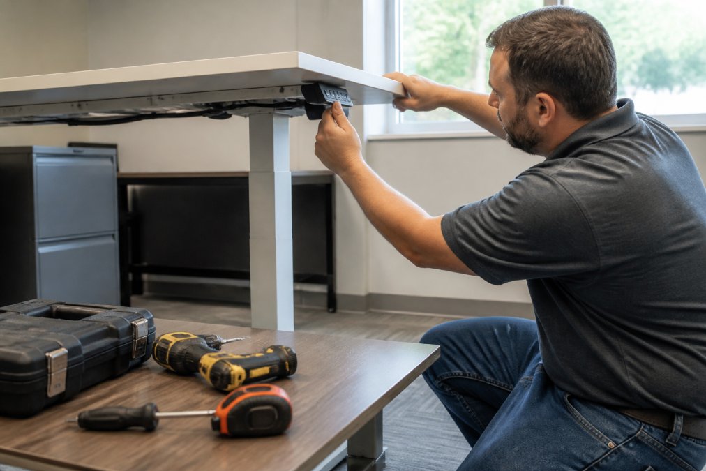 Professional inspecting the motor and height adjustment mechanism of a used standing desk, hands checking the control panel and testing smooth vertical movement, natural office lighting