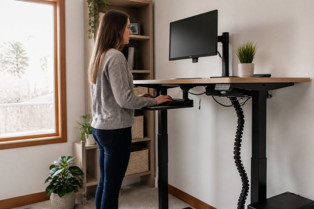 Ergonomic home office workspace with height-adjustable standing desk in raised position, monitor at eye level, keyboard tray positioned correctly, organized cable management, natural window lighting