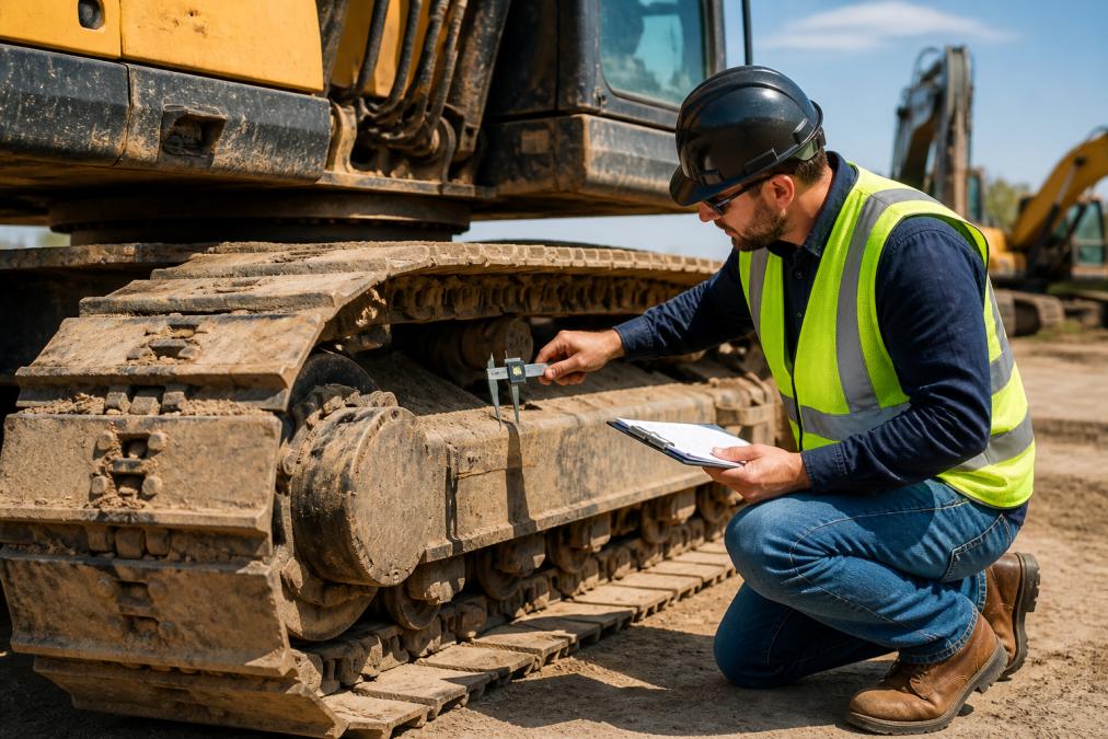 Professional equipment inspector examining the undercarriage and track system of a used excavator with measuring tool and clipboard in bright outdoor lighting