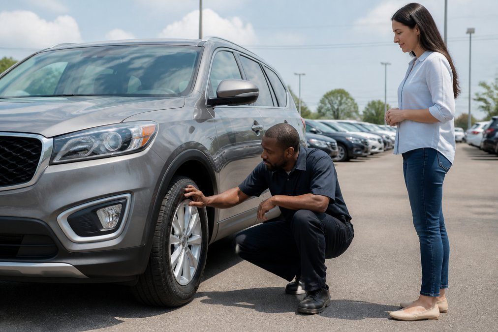 Customer and dealership technician inspecting a used SUV exterior, checking tires and body condition in bright daylight with clear visibility
