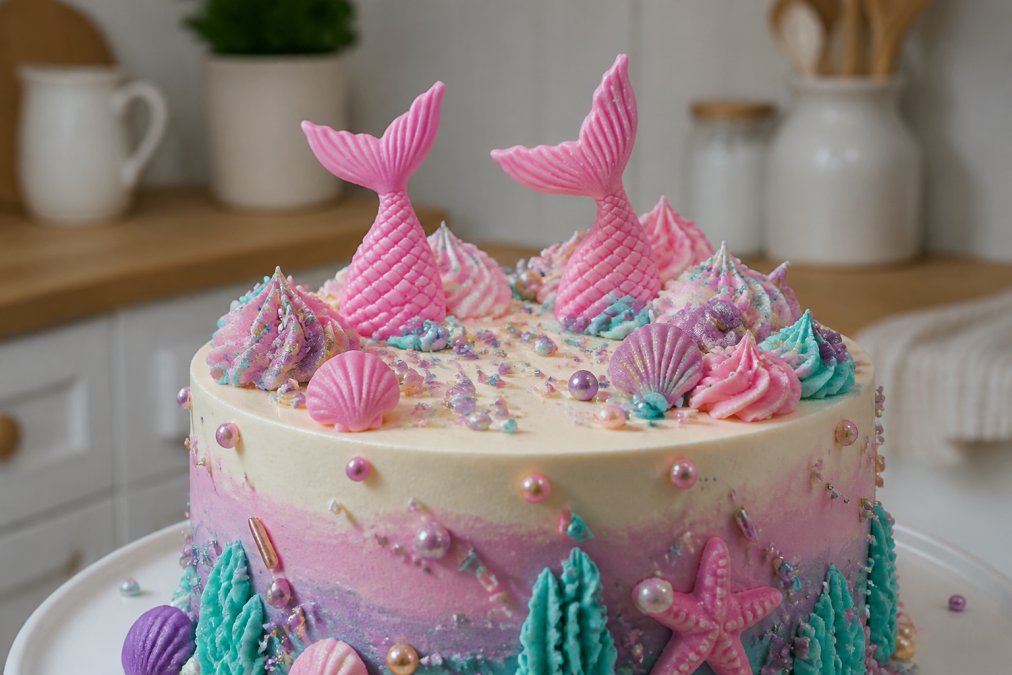 Close-up of a decorated cake featuring colourful handmade sugar paste toppers, edible glitter, and sprinkles on a white ceramic plate with natural kitchen lighting