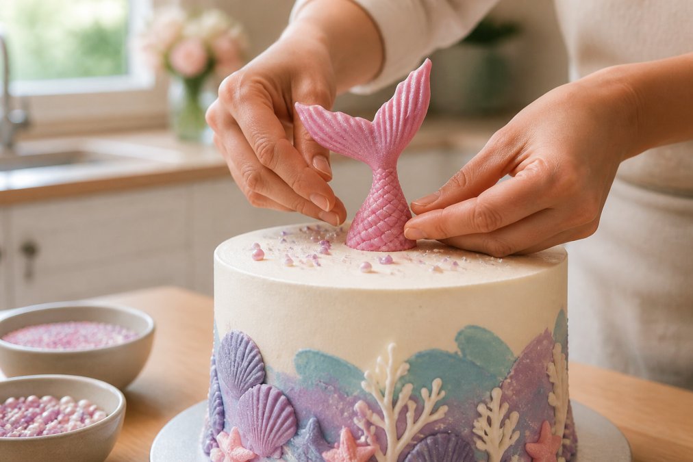 Hands carefully placing a custom handmade mermaid tail edible topper onto a frosted birthday cake in a home kitchen setting with warm natural light