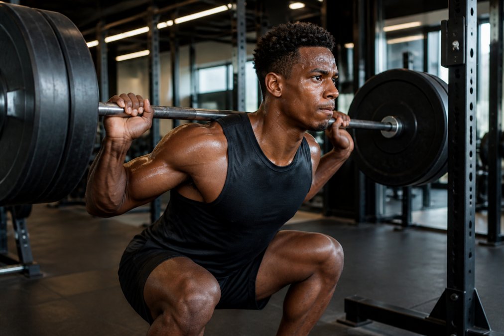 Plant-based athlete mid-squat with heavy barbell, focused intensity, sweat visible on face and arms, modern gym setting with bright overhead lighting