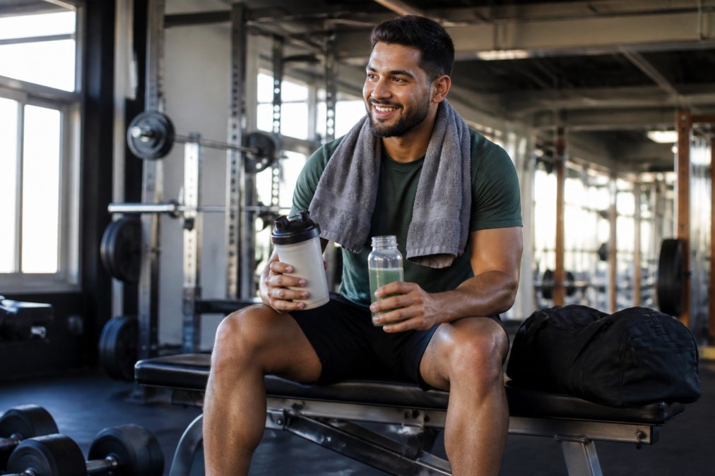 Plant-based athlete holding protein shake bottle and recovery drink, sitting on gym bench post-workout with towel draped over shoulders, looking refreshed and recovered, modern gym setting