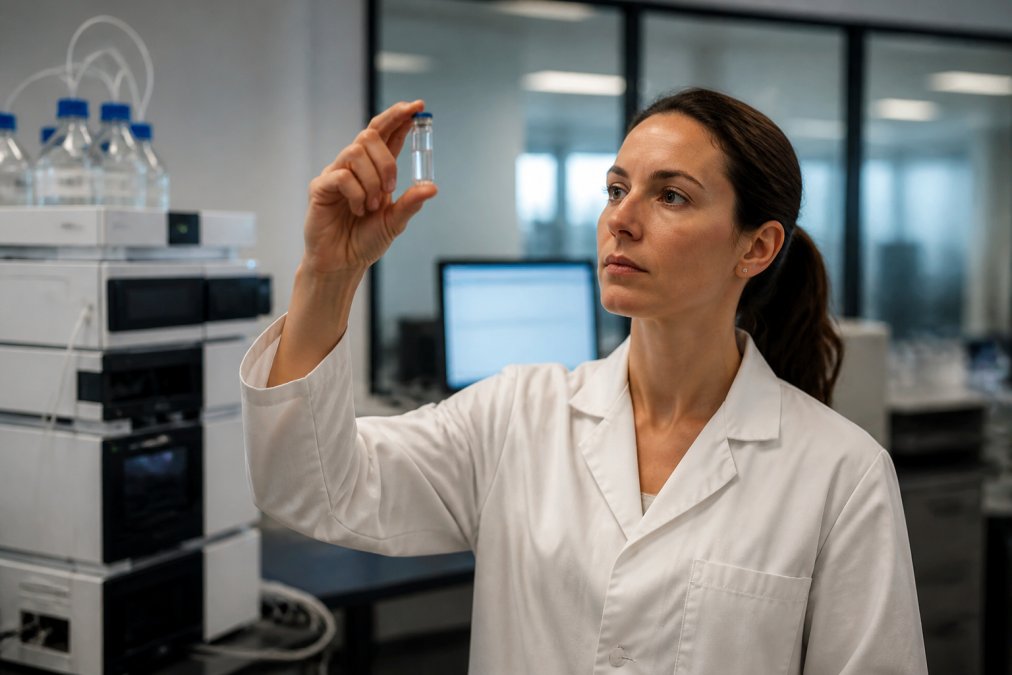 A scientist in a white lab coat holding a clear glass vial up to the light in a modern laboratory, with an HPLC instrument and computer monitors showing chromatogram data blurred in the background